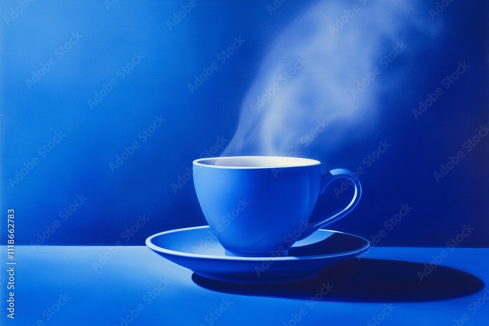 Blue Ceramic Cup with Steam on Saucer, Gradient Blue Background Blue Ceramic Cup with Steam on Saucer, Gradient Blue Background