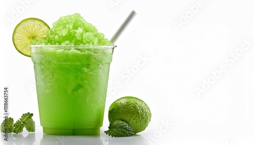green slushie in a clear cup with a lime slice perfect for a refreshing summer drink isolated on white background with clipping path
