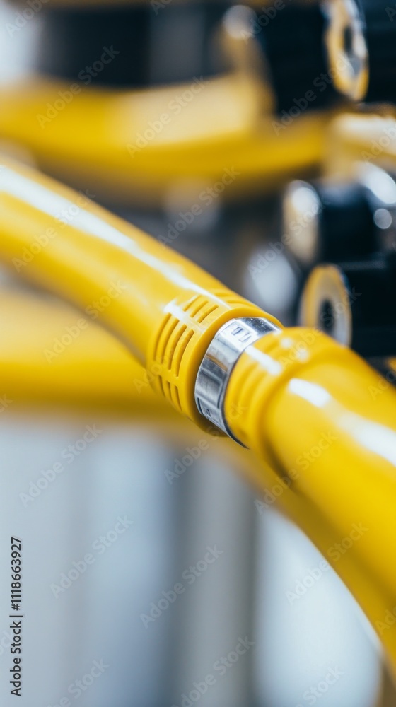 Yellow industrial tubing with metal connector showcased in detail in a manufacturing facility Yellow industrial tubing with metal connector showcased in detail in a manufacturing facility