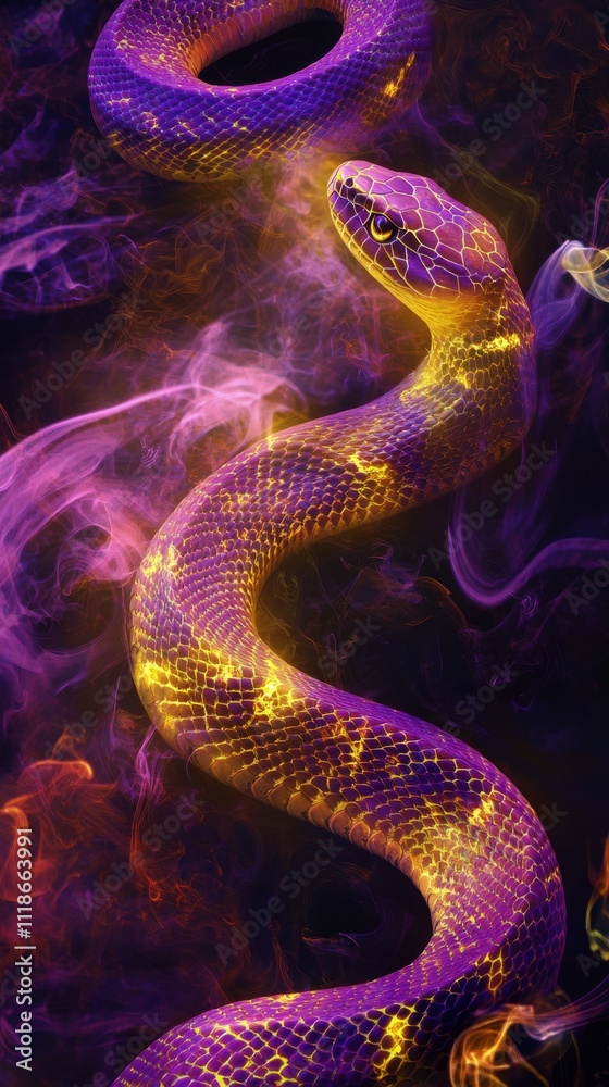 Fototapeta premium Colorful snake gracefully coiling through vibrant smoke in a captivating display
