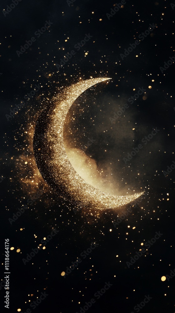 Golden crescent moon glowing against dark background with shimmering specks of light