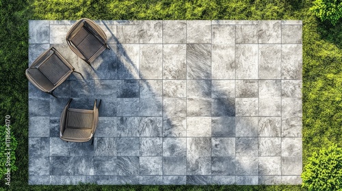 Overhead view of patio with three chairs surrounded by lush green grass.