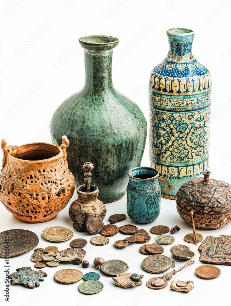 Antique pottery, vessels, and coins displayed. Antique pottery, vessels, and coins displayed.