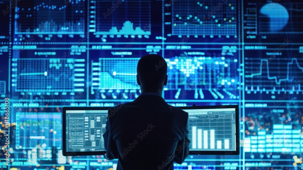A guy stands before a wall of computer monitors displaying water-like electronic devices in electric blue font, bringing entertainment to the city amidst the darkness. A guy stands before a wall of computer monitors displaying water-like electronic devices in electric blue font, bringing entertainment to the city amidst the darkness.