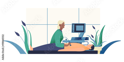Ultrasonography Procedure. Doctor Examing Male Patient with Scanner in Medical Office or Laboratory. Modern Flat Vector Concept Illustration.  Landing Page Design Template. Website Banner.