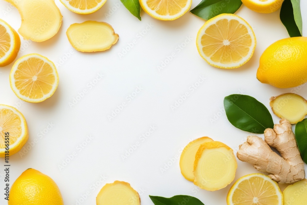 Fresh lemons and ginger displayed with basil leaves on a white surface for health benefits Fresh lemons and ginger displayed with basil leaves on a white surface for health benefits
