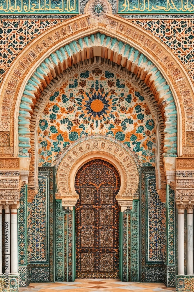 Obraz premium Ornate archway, mosaic tilework, decorative door.