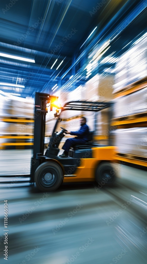 Forklift operator transporting goods in a busy warehouse during daylight hours Forklift operator transporting goods in a busy warehouse during daylight hours