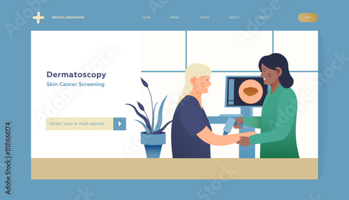 Dermatoscopy. Skin Cancer Screening. Medical Equipment. Medical Specialist Screening Patient on Birthmarks in Laboratory. Modern Flat Vector Illustration. Landing Page Design Template. Website Banner.