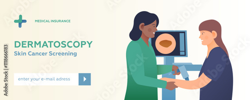 Dermatoscopy. Skin Cancer Screening. Medical Equipment. Medical Specialist Screening Female Patient on Birthmarks in Laboratory. Modern Flat Vector Illustration. Website Banner. Social Media Template.