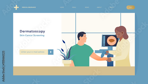 Dermatoscopy. Skin Cancer Screening. Medical Equipment. Medical Specialist Screening Patient on Birthmarks in Laboratory. Modern Flat Vector Illustration. Website Banner. Landing Page Design Template.