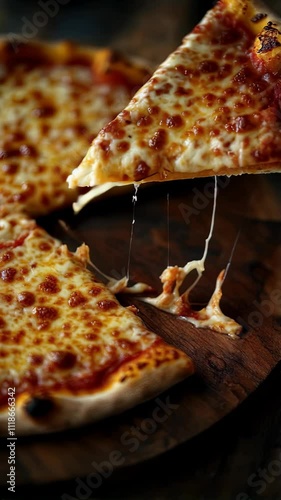 A slice of pizza with melted cheese on a wooden board. The pizza is cut into three pieces