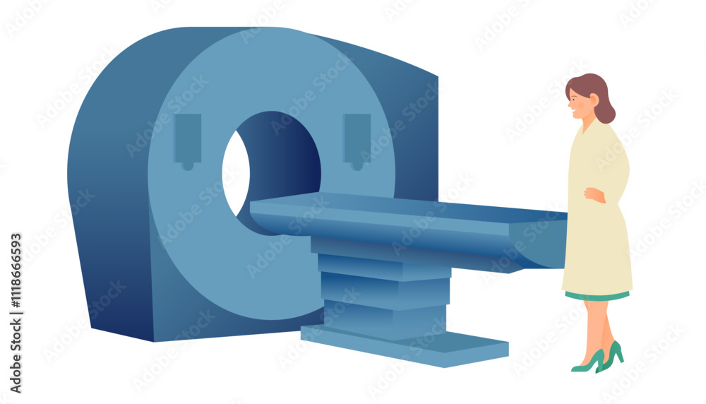 Magnetic Resonance Tomography. MRI procedure. Scanner and a Female Medical Specialist. Medical Equipment. Modern Flat Vector Concept Illustration. Magnetic Resonance Tomography. MRI procedure. Scanner and a Female Medical Specialist. Medical Equipment. Modern Flat Vector Concept Illustration.