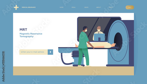 Magnetic Resonance Tomography. MRI procedure. Patient in the Scanner, Nurse, Medical Specialist in Laboratory. Medical Equipment. Modern Flat Vector Illustration. Landing Page Design Template.