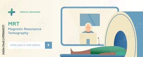 Magnetic Resonance Tomography. MRI Procedure. Patient in the Scanner, Female Medical Specialist in Laboratory. Medical Equipment. Modern Flat Vector Illustration. Web Banner. Social Media Template.