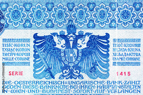 Vintage elements of old paper banknotes.Bonistics.Austro-Hungarian banknote 1000 Kronen from 1902, II. AUFLAGE. Overprinted in red 