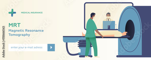 Magnetic Resonance Tomography. MRI procedure. Patient in the Scanner, Nurse, Medical Specialist in Laboratory. Medical Equipment. Modern Flat Vector Illustration.Website Banner Design Template.