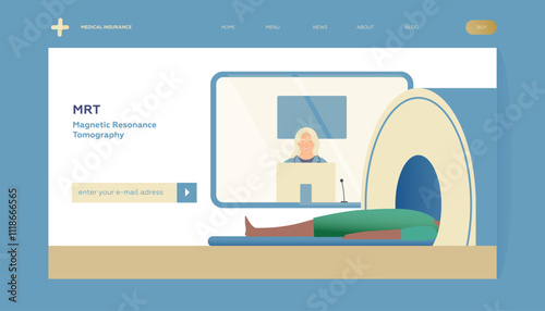 Magnetic Resonance Tomography. MRI procedure. Patient in the Scanner, Female Medical Specialist in Laboratory. Medical Equipment. Modern Flat Vector Illustration.  Landing Page Design Template.