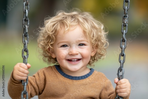 Child happily swinging in a park on a sunny day with vibrant autumn colors in the background