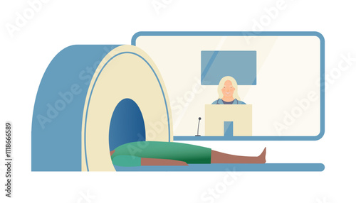 Magnetic Resonance Tomography. MRI procedure. Patient in the Scanner, Female Medical Specialist in Laboratory. Medical Equipment. Modern Flat Vector Concept Illustration.