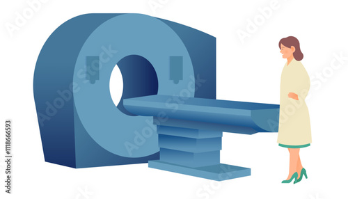 Magnetic Resonance Tomography. MRI procedure. Scanner and a Female Medical Specialist. Medical Equipment. Modern Flat Vector Concept Illustration.
