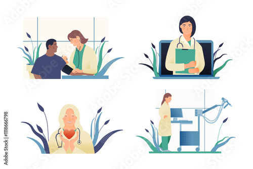 Set of Modern Flat Medical Insurance Illustrations. Blood Pressure Procedure, Medical Specialist Hold Red Heart, Spirometry, Plethysmography Equipment in Medical Office, Medical Appointment.