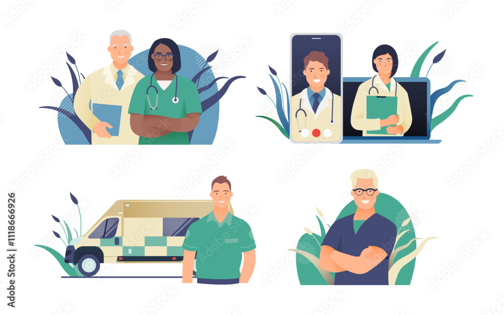 Set of Modern Flat Medical Insurance Illustrations. Medical Specialists, Telemedicine, Call Center, Ambulance Transport. Set of Modern Flat Medical Insurance Illustrations. Medical Specialists, Telemedicine, Call Center, Ambulance Transport.