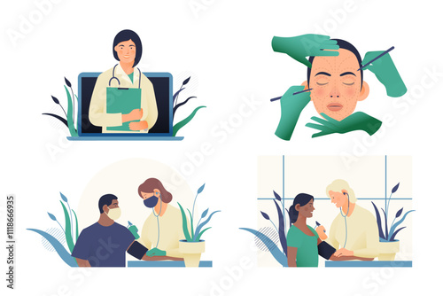 Set of Modern Flat Medical Insurance Illustrations. Medical Appointment, Cosmetic Surgery, Blood Pressure Procedure.