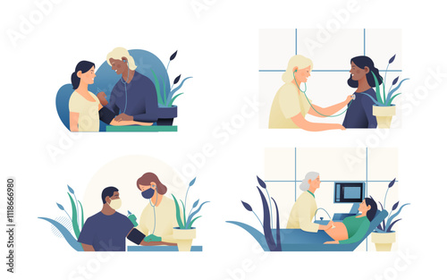 Set of Modern Flat Medical Insurance Illustrations. Blood Pressure Test, Ultrasonography Procedure, Cardiac Auscultation in Medical Office.