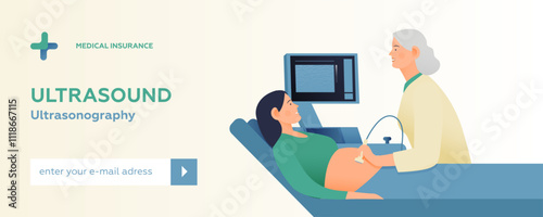 Ultrasonography Procedure. Doctor Examing Patient Pregnant Woman with Scanner in Medical Office or Laboratory. Modern Flat Vector Concept Illustration. Landing Page Design Template. Website Banner.