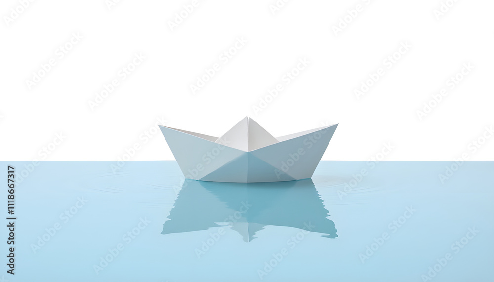 Simple Paper Boat Floating Gently on Calm Water, Isolated on White Background. Simple Paper Boat Floating Gently on Calm Water, Isolated on White Background.