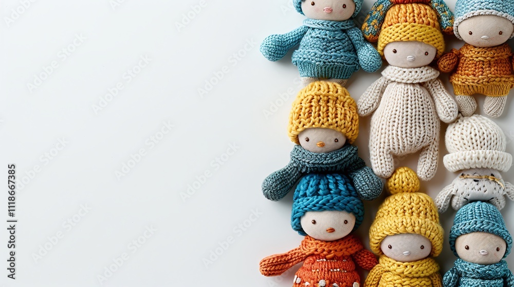 Fototapeta premium knitted dolls in varied colors, grouped along white background, minimal composition, cozy handmade design, soft woolen textures, playful decor, copy space