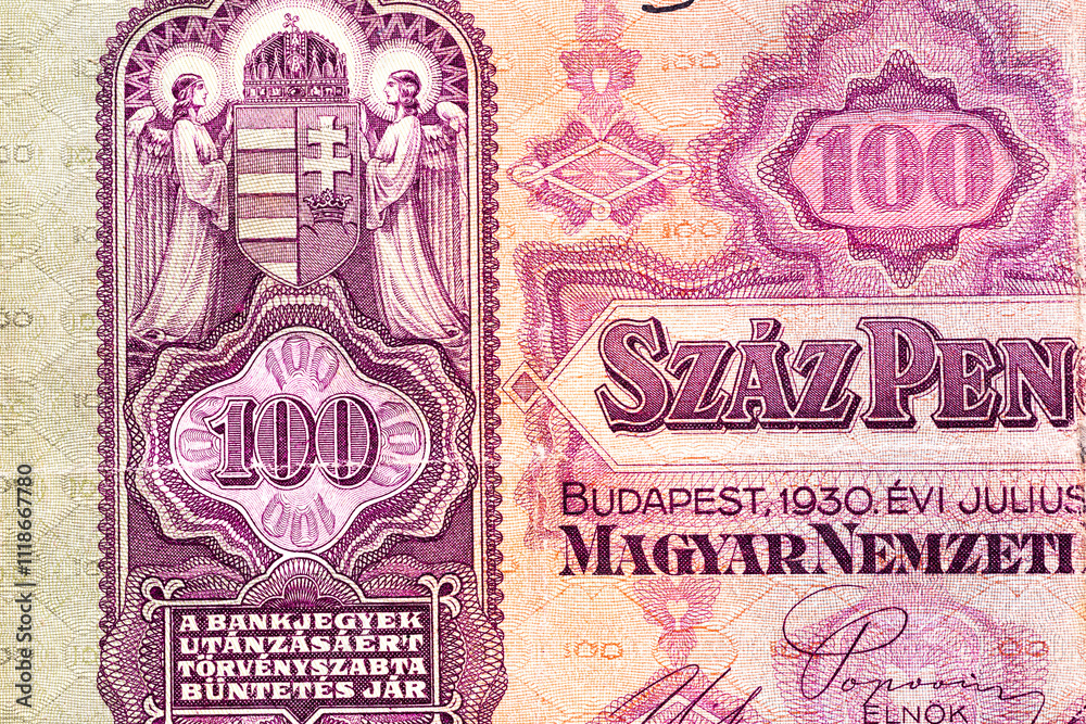 Fototapeta premium Vintage elements of old paper banknotes.Bonistics.Hungarian banknote at 100 pengos, 1930 year.Fragment banknote for design purpose.