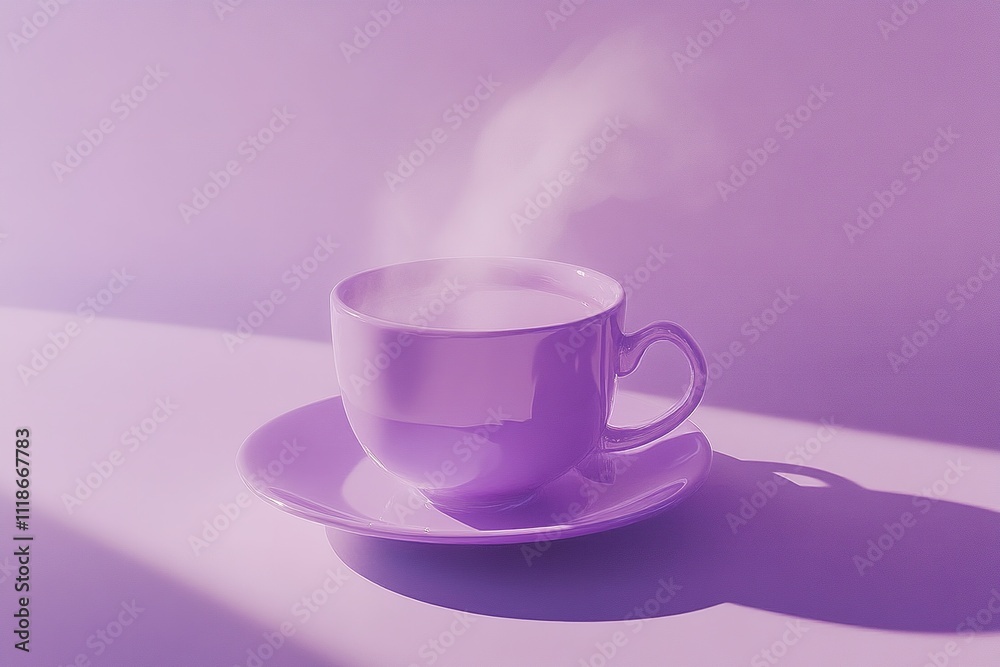Fototapeta premium Lavender Cup with Ethereal Steam on Saucer, Purple Gradient Background for a Serene Look
