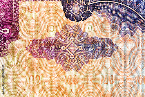 Vintage elements of old paper banknotes.Bonistics.Hungarian banknote at 100 pengos, 1930 year.Fragment banknote for design purpose. photo