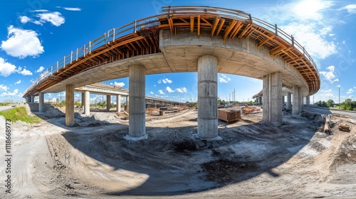 Panoramic view of a highway overpass under construction.