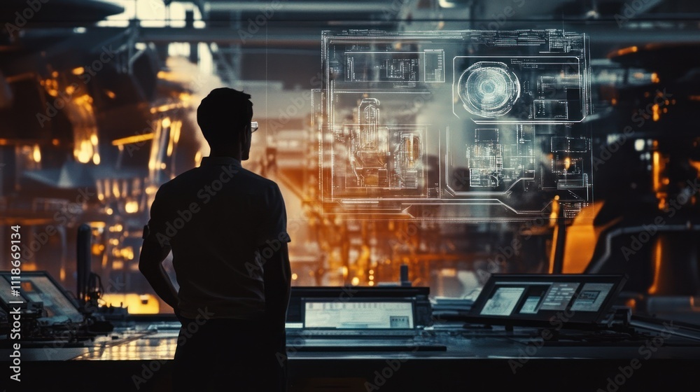 custom made wallpaper toronto digitalA person observes a digital interface in a high-tech industrial environment.