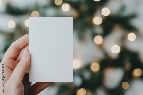 Hand holding blank card in front of sparkling lights during festive season