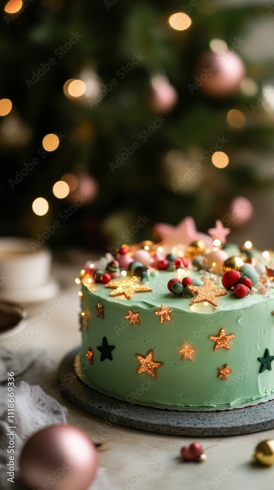 Fototapeta premium Beautifully decorated mint green cake with festive toppings in a cozy holiday setting