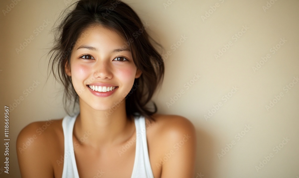 A smiling woman with a natural look against a neutral background.