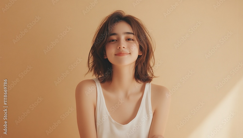 A smiling young woman with wavy hair against a warm, neutral background. A smiling young woman with wavy hair against a warm, neutral background.