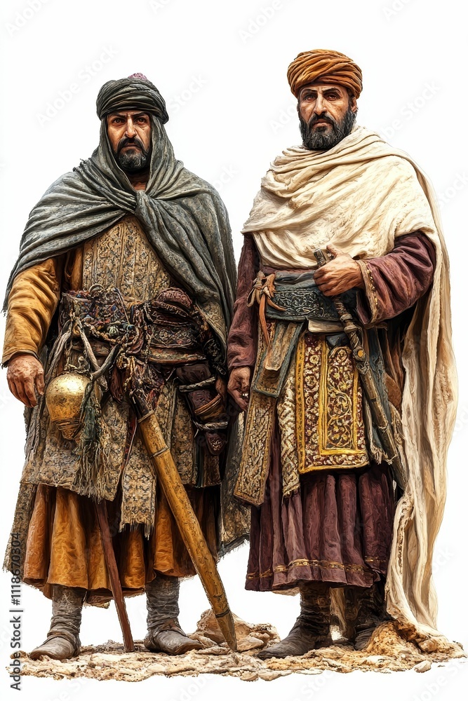 Obraz premium Two figures, ancient attire, desert setting.