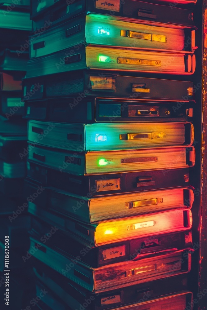 Stacked books, colorful lighting, archival collection. Stacked books, colorful lighting, archival collection.