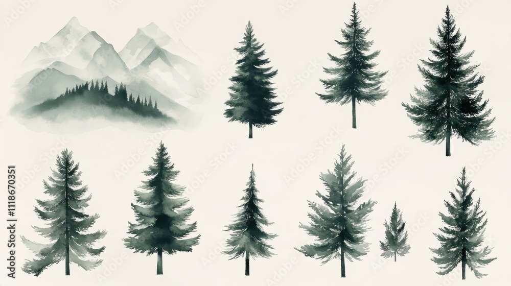 Watercolor pine trees and mountain scenes collection