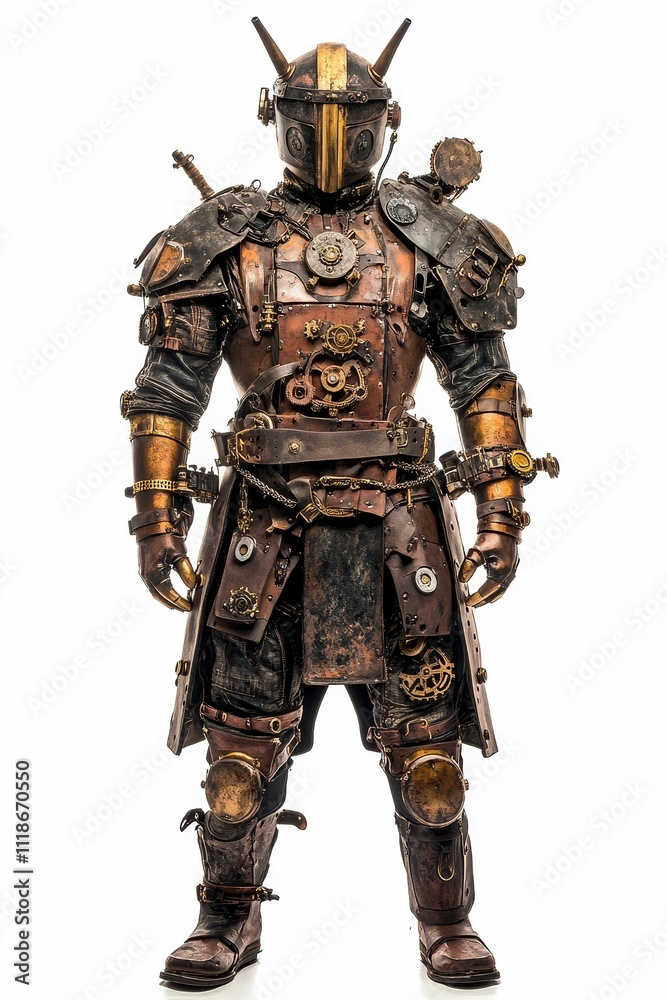 Obraz premium Steampunk-style armored figure, intricate gears, leather.