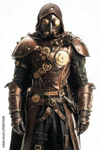 Steampunk-style armored figure, hooded, gas mask.