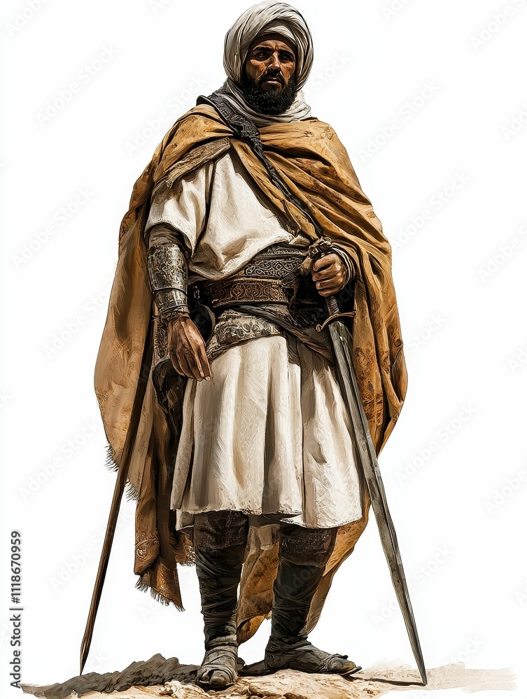 Obraz premium Desert warrior, sword, robe, headwear, staff.