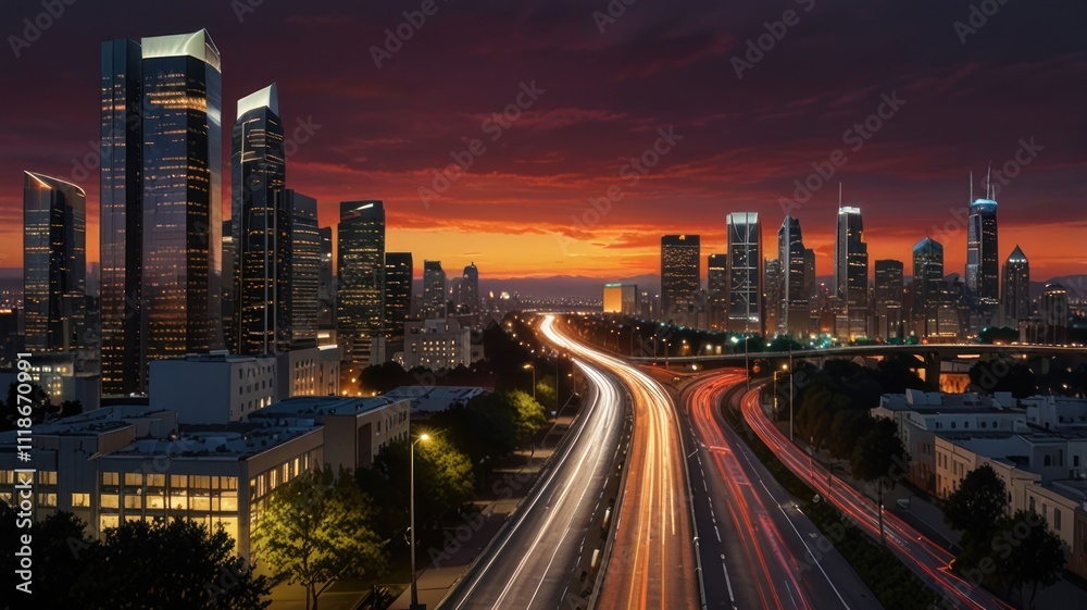 Fototapeta premium Cityscape at sunset with highway traffic light trails.