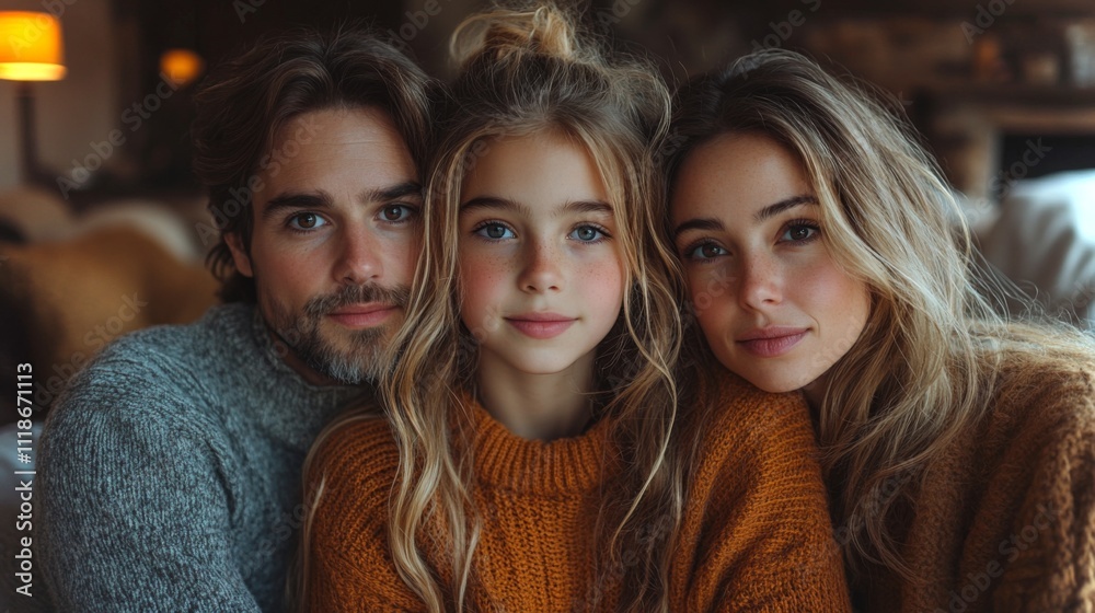 A family shares a warm moment in a cozy living room, dressed in autumn sweaters. The child sits between parents, highlighting their close bond in a peaceful atmosphere. A family shares a warm moment in a cozy living room, dressed in autumn sweaters. The child sits between parents, highlighting their close bond in a peaceful atmosphere.