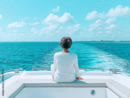 Entspannte Person auf einem Boot vor atemberaubendem blauen Meer

 photo